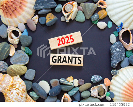 Planning 2025 grants new year symbol. Concept words 2025 Grants on beautiful wooden blocks. Beautiful black background. Beautiful sea stones shell. Business 2025 grants new year concept. Copy space. 119455952