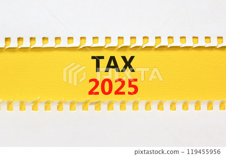 Planning tax 2025 new year symbol. Concept words Tax 2025 on beautiful yellow paper. Beautiful white background. Business tax 2025 new year concept. Copy space. Planning tax 2025 new year symbol. Concept words Tax 2025 on beautiful yellow paper. Beautiful white background. Business tax 2025 new year concept. Copy space. 119455956