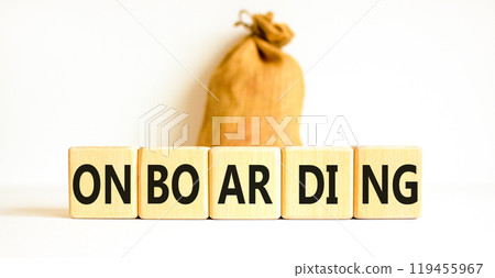 Onboarding success symbol. Concept word Onboarding on wooden blocks. Beautiful white background. Beautiful canvas bag. Business onboarding success concept. Copy space. Onboarding success symbol. Concept word Onboarding on wooden blocks. Beautiful white background. Beautiful canvas bag. Business onboarding success concept. Copy space. 119455967