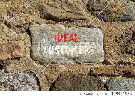 Ideal customer symbol. Concept words Ideal customer on beautiful big stone. Beautiful stone wall background. Business ideal customer concept. Copy space. Ideal customer symbol. Concept words Ideal customer on beautiful big stone. Beautiful stone wall background. Business ideal customer concept. Copy space. 119455978