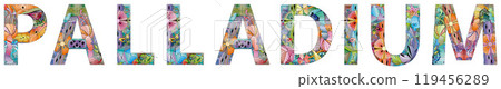 Word PALLADIUM. It is a chemical element. Hand drawn lettering. Vector text. 119456289