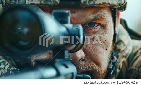 sniper adjusts an optical sight while looking into it close-up 119456429