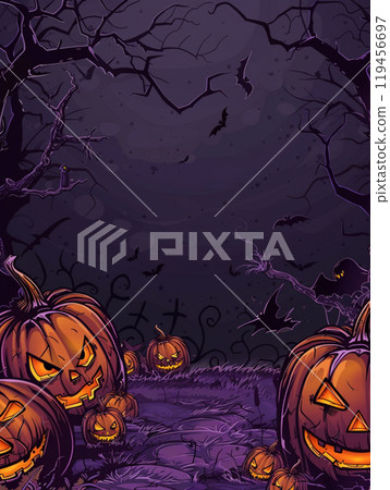 Violet Halloween background with pumpkin and tree. Abstract grunge wallpaper for holiday party Violet Halloween background with pumpkin and tree. Abstract grunge wallpaper for holiday party 119456697