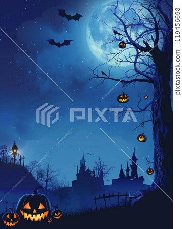 Blue Halloween background with pumpkin and tree. Abstract grunge wallpaper for design holiday party 119456698