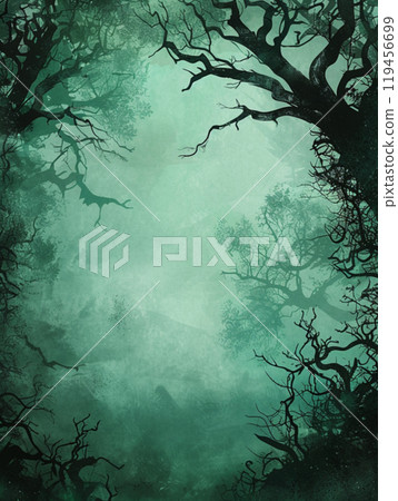 Green Halloween background with smoke and tree. Abstract grunge wallpaper for design holiday party 119456699