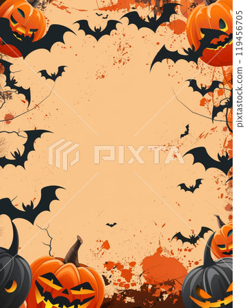 Beige Halloween background with pumpkin and bats . Abstract grunge wallpaper for holiday party Beige Halloween background with pumpkin and bats . Abstract grunge wallpaper for holiday party 119456705
