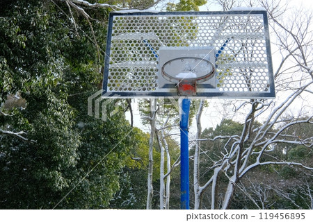Basketball goal at outdoor park facility in winter 119456895