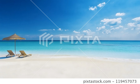 Tropical Beach Scene with Lounge Chairs and Umbrella Overlooking Calm Turquoise Waters_8 119457073