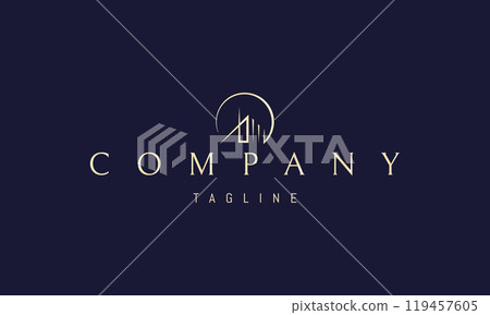 Vector golden logo with an abstract image of a modern cottage against the backdrop of a sunset. 119457605