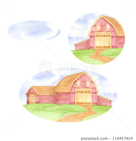 Hand drawn watercolor ranch barn landscape isolated on white background. Can be used for postcard, label, scrapbook and other printed products. 119457924