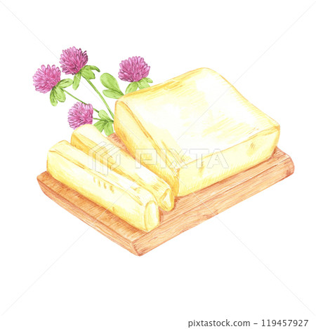 Hand drawn watercolor butter on wooden board with clover isolated on white background. Can be used for postcard, label, scrapbook and other printed products. 119457927