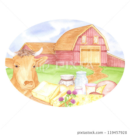 Hand drawn watercolor ranch barn landscape with a cow and dairy products isolated on white background. Can be used for postcard, label, scrapbook and other printed products. Hand drawn watercolor ranch barn landscape with a cow and dairy products isolated on white background. Can be used for postcard, label, scrapbook and other printed products. 119457928