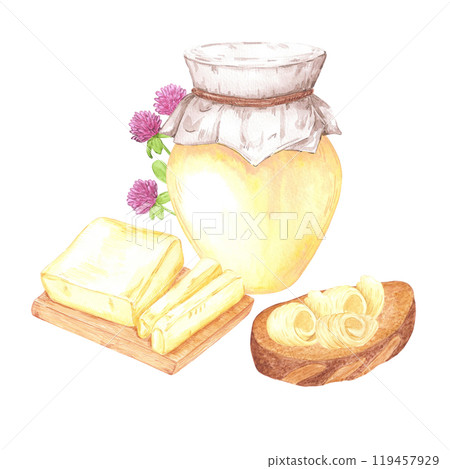 Hand drawn watercolor jar of ghee butter and sandwich with butter composition isolated on white background. Can be used for postcard, label, scrapbook and other printed products. 119457929