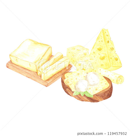 Hand drawn watercolor butter and sandwich with butter composition isolated on white background. Can be used for postcard, label, scrapbook and other printed products. 119457932