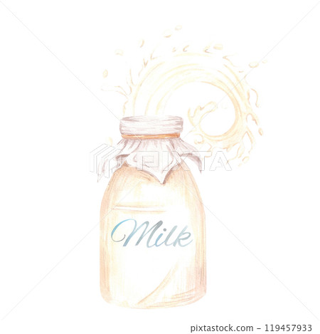 Hand drawn watercolor bottle of milk with splashes composition isolated on white background. Can be used for postcard, label, scrapbook and other printed products. 119457933