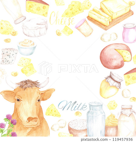 Hand drawn watercolor dairy products and cow frame border isolated on white background. Can be used for postcard, card, scrapbook and other printed products. Hand drawn watercolor dairy products and cow frame border isolated on white background. Can be used for postcard, card, scrapbook and other printed products. 119457936