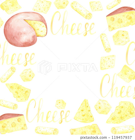 Hand drawn watercolor different kinds of cheese pieces frame border isolated on white background. Can be used for postcard, card, scrapbook and other printed products. Hand drawn watercolor different kinds of cheese pieces frame border isolated on white background. Can be used for postcard, card, scrapbook and other printed products. 119457937