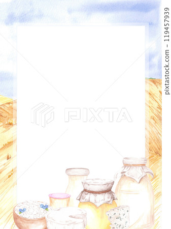 Hand drawn watercolor dairy products postcard isolated on field landscape background. Can be used for postcard, card, scrapbook and other printed products. 119457939