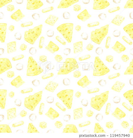 Hand drawn watercolor piece slice cube of cheese seamless pattern isolated on white background. Can be used for textile, fabric, scrapbook and other printed products. 119457940