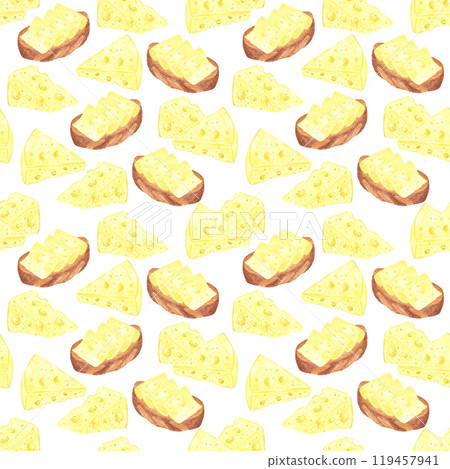 Hand drawn watercolor piece of cheese and cheese sandwiches seamless pattern isolated on white background. Can be used for textile, fabric, scrapbook and other printed products. 119457941