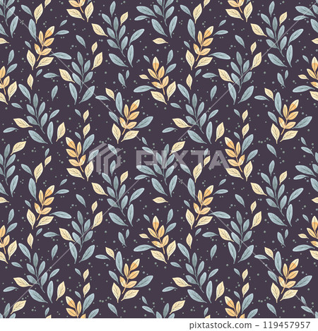 Hand drawn watercolor yellow and blue leaves seamless pattern isolated on dark background. Can be used for textile, fabric, scrapbook and other printed products. 119457957