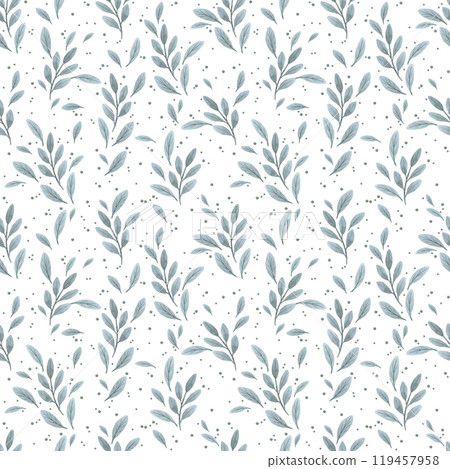 Hand drawn watercolor blue leaves and dots seamless pattern isolated on white background. Can be used for textile, fabric, scrapbook and other printed products. 119457958