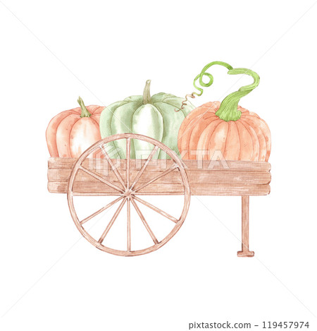 Hand drawn watercolor ripe pumpkins in the wooden cart isolated on white background. Rural illustration Can be used for postcard, label, scrapbook and other printed products. 119457974
