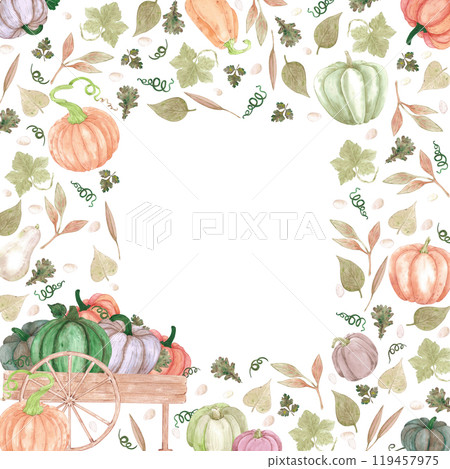 Hand drawn watercolor ripe pumpkins in the wooden cart and leaves frame border isolated on white background. Rural illustration Can be used for postcard, label, scrapbook and other printed products. Hand drawn watercolor ripe pumpkins in the wooden cart and leaves frame border isolated on white background. Rural illustration Can be used for postcard, label, scrapbook and other printed products. 119457975