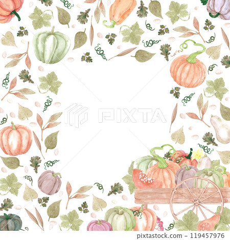 Hand drawn watercolor ripe pumpkins in the wooden cart and leaves frame border isolated on white background. Rural illustration Can be used for postcard, label, scrapbook and other printed products. Hand drawn watercolor ripe pumpkins in the wooden cart and leaves frame border isolated on white background. Rural illustration Can be used for postcard, label, scrapbook and other printed products. 119457976
