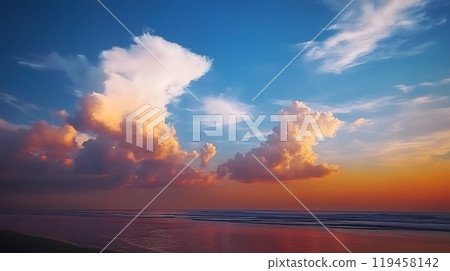 Colorful Sunset Clouds Over Calm Ocean Shoreline_7 119458142