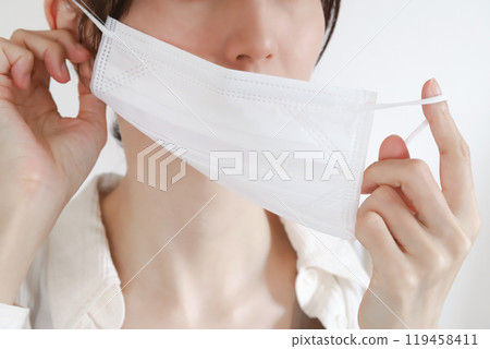 Woman wearing a mask Infection prevention measures Woman wearing a mask Infection prevention measures 119458411