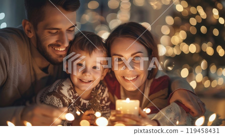 Parents and son gather together, smiling and enjoying festive Christmas atmosphere. Family bounding 119458431