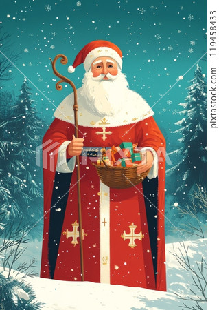 Saint Nicholas holding a basket of gifts in snowy landscape. Vertical illustration, spirit of giving 119458433
