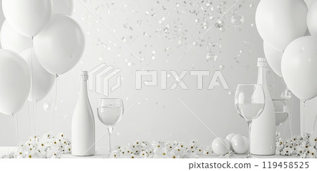 white background theme to a card party invite, it can contain some design elements, only white ballons, white drink bottle and glasses 119458525