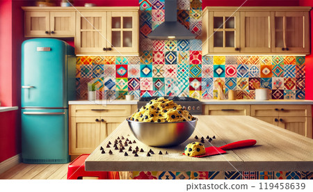 Vibrant and modern kitchen with colorful backsplash tiles and light wood cabinets. The kitchen is a bit messy after baking cookies, with flour on the countertops, used bowls, and chocolate chips Vibrant and modern kitchen with colorful backsplash tiles and light wood cabinets. The kitchen is a bit messy after baking cookies, with flour on the countertops, used bowls, and chocolate chips 119458639