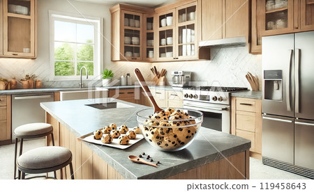 Sleek and contemporary kitchen with chocolate chip cookie dough on the island, ready for baking. The kitchen features modern cabinets, stainless steel appliances, and a glass bowl filled with dough. Sleek and contemporary kitchen with chocolate chip cookie dough on the island, ready for baking. The kitchen features modern cabinets, stainless steel appliances, and a glass bowl filled with dough. 119458643