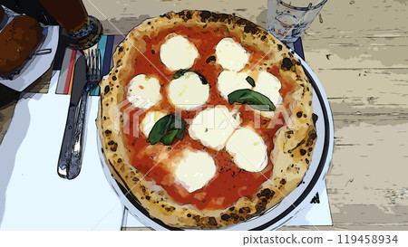 A Neapolitan margherita pizza freshly baked and served. 119458934