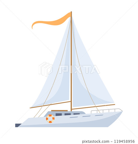 Cartoon sailing yacht. Marine sea ship, water marine transport flat vector illustration. Nautical travel boat on white 119458956