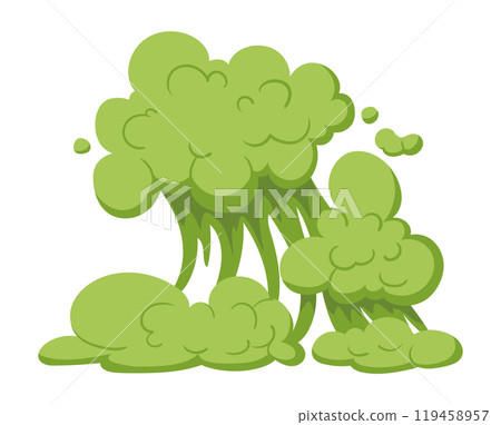 Cartoon smoke cloud. Comic green dust cloud, puff stream cloud silhouette, steaming dust flat vector illustration. Smoke explosion cloud on white 119458957