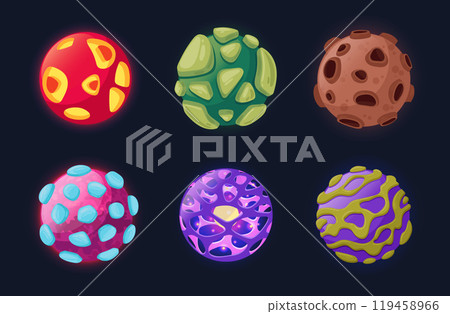 Fantastic galaxy planets. Cartoon space bodies, fantasy universe planets flat vector illustration set. Fantastic space elements 119458966