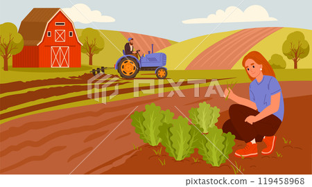 Farmers harvest crop. Agricultural farm workers harvesting and plough land, organic food production flat vector background illustration. Farmland harvest season scene 119458968