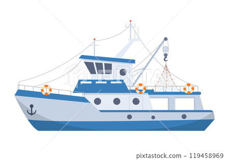 Fishing ship. Nautical seafood industry boat, fisherman shipping trawler flat vector illustration. Commercial fishing ship on white background 119458969