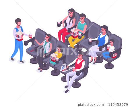 Isometric people sitting in cinema chairs. Movie theatre visitors with popcorn, soda and 3d glasses watching film on big screen vector illustration. Movie watching concept Isometric people sitting in cinema chairs. Movie theatre visitors with popcorn, soda and 3d glasses watching film on big screen vector illustration. Movie watching concept 119458979