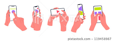 Mobile phones users. Cartoon hands holding smartphone, fingers scrolling and tapping device screens flat vector illustration set. Human hand touch screen Mobile phones users. Cartoon hands holding smartphone, fingers scrolling and tapping device screens flat vector illustration set. Human hand touch screen 119458987