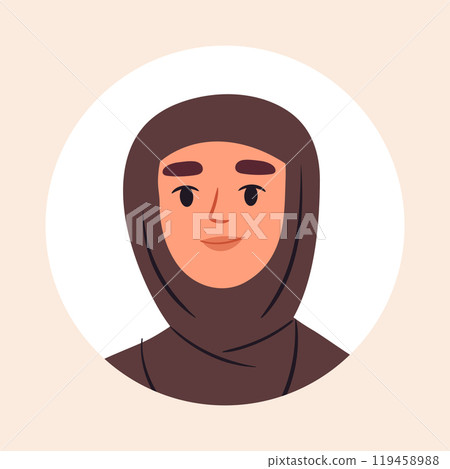 Muslim female character avatar. Arabic woman portrait, stunning woman wearing hijab, young lady flat vector illustration. Beautiful girl face 119458988