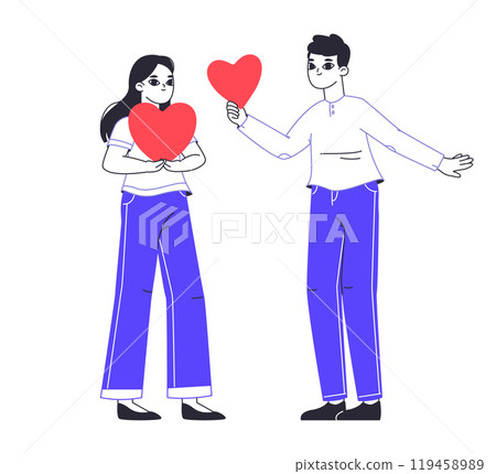 People sharing hearts. Romantic characters in love giving hearts to each other, Valentine's day love sharing flat vector illustration. Couple exchanging hearts People sharing hearts. Romantic characters in love giving hearts to each other, Valentine's day love sharing flat vector illustration. Couple exchanging hearts 119458989