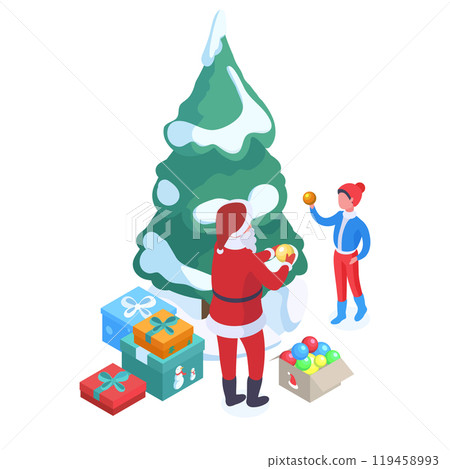 Santa Claus decorating xmas tree. Isometric Christmas character with little kid decorating fir tree, winter holidays preparation 3d vector illustration. Christmas tree decoration 119458993