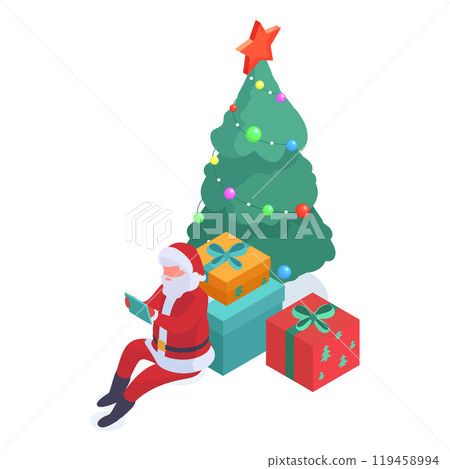 Santa Claus. Isometric Christmas santa character with decorated xmas tree and gift boxes, Santa holding digital tablet 3d vector illustration. Xmas holidays Santa Claus character Santa Claus. Isometric Christmas santa character with decorated xmas tree and gift boxes, Santa holding digital tablet 3d vector illustration. Xmas holidays Santa Claus character 119458994