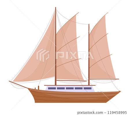 Sea ship. Cartoon marine travel boat, sailing yacht, water marine transport flat vector illustration. Nautical sailboat on white 119458995