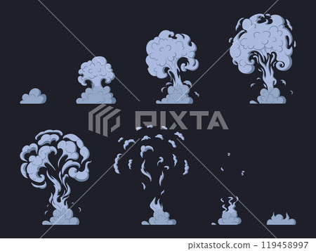 Smoke explosion animation. Dust clouds sprite elements, smoke silhouette animation flat vector illustration set. Cartoon explosion dust clouds action 119458997